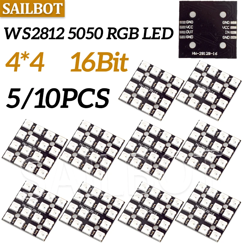 5/10PCS 16Bit RGB 4x4 4*4 LED WS2812B WS2812 5050 RGB LED Matrix Integrated Drive Drivers Board LED Module