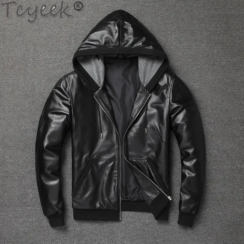 

Tcyeek 23 Spring Autumn Genuine Leather Jacket Men's Hooded Sheepskin Coats Short Baseball Leather Jackets Man Clothes Jaquetas