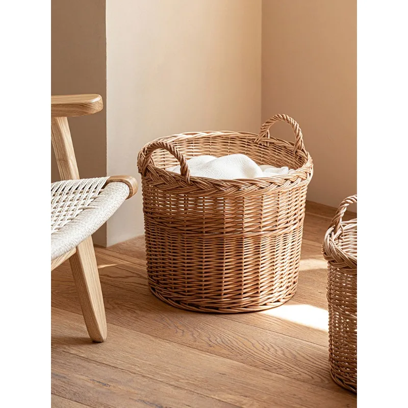 

Willow Woven Laundry Basket, Rattan Clothes Storage Hamper, Household Portable Misc Storage Crate - Natural Wicker Storage Set