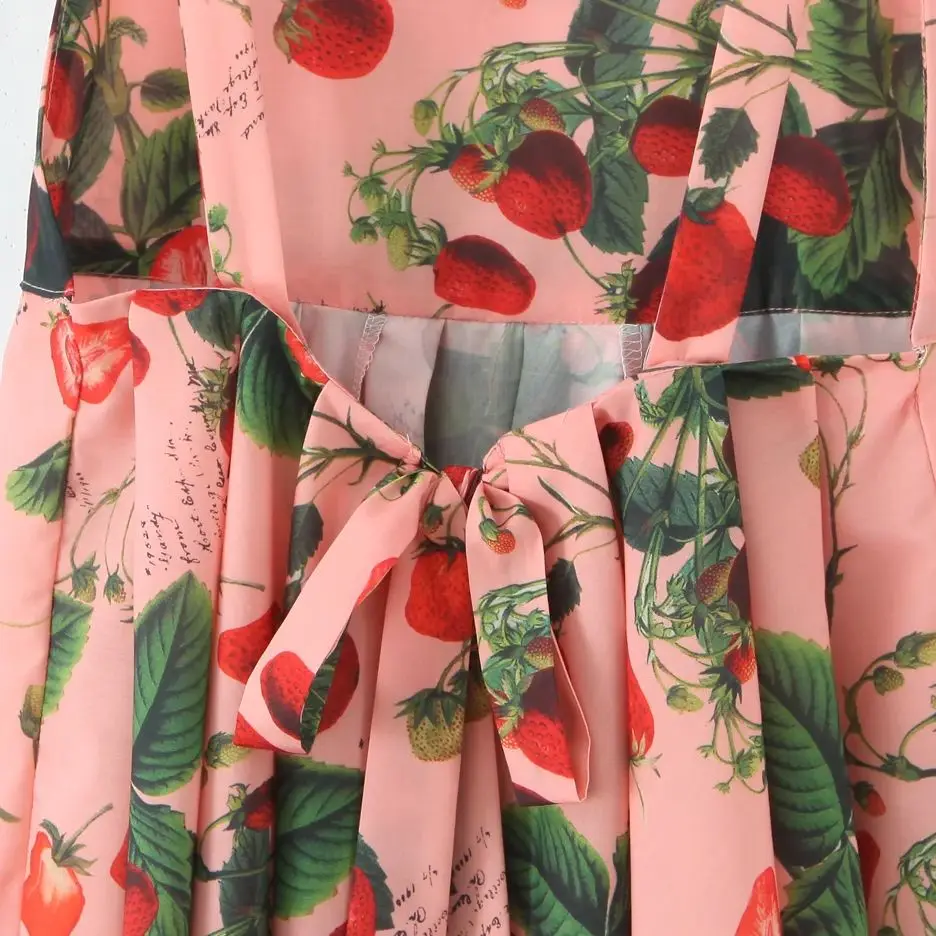 2025 مثير أوراق الفاكهة طباعة ساحة طوق التعادل القوس الظهر عارية الذراعين فستان قصير بدون أكمام المرأة مطوي ألف خط فساتين حبال قصيرة رداء