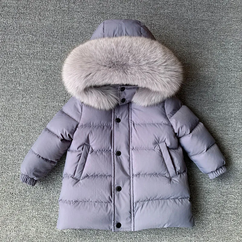 

Kids Winter Down Jacket Natural Real Fur Collar Children's Thicken Warm Mid-Length Coat For Baby Boy Girl 2-13 Years Snowsuit