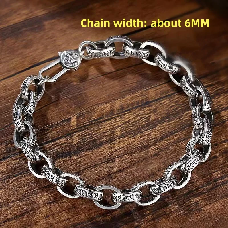 S925 Sterling Silver Logo Bracelet Biker Punk Rock Chain Chrome Retro style Jewelry for Men 6mm Width Charm Bracelets