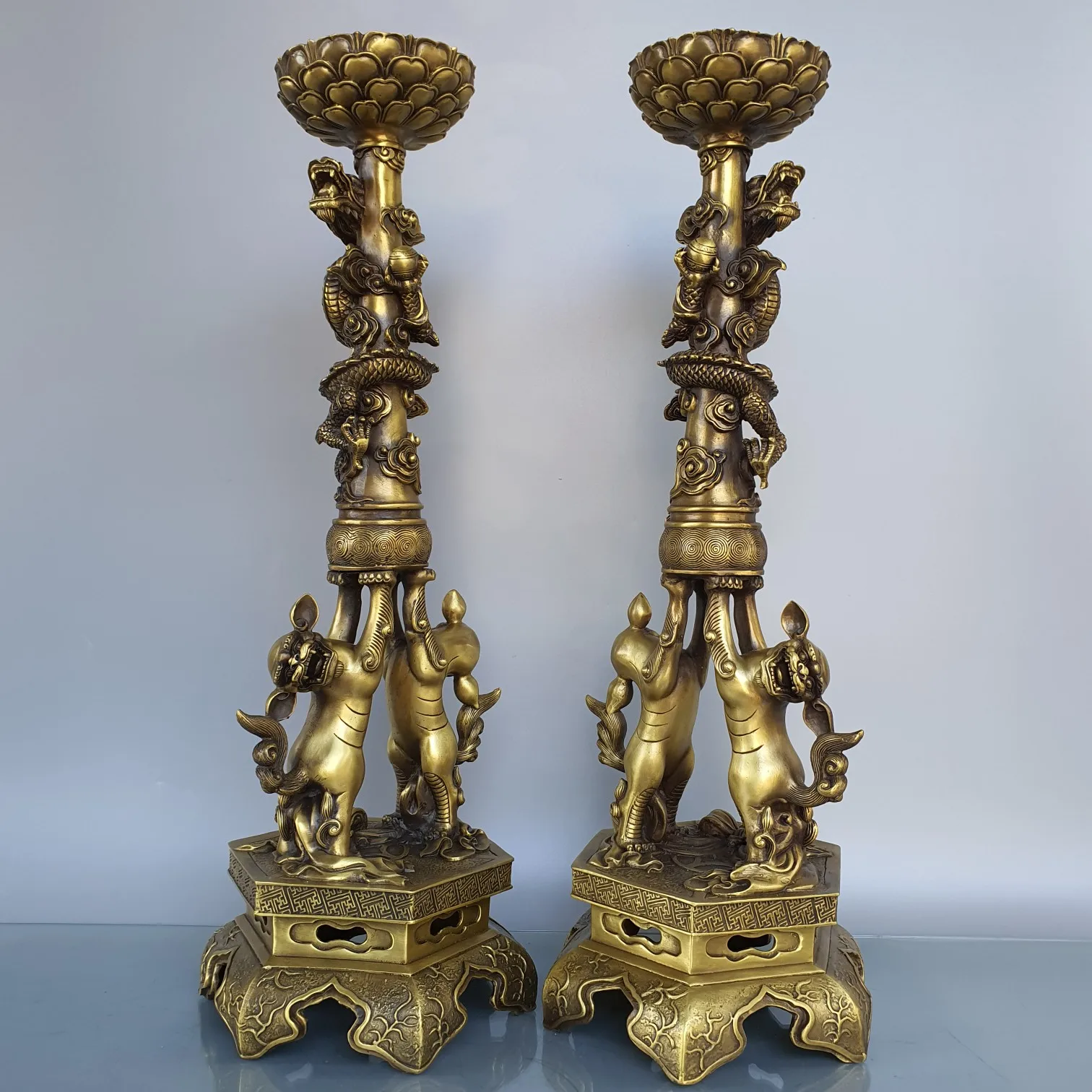 Brass Dragon Statue Lotus Terrace Candlestick Double lion pedestal wax platform A Pair Amass wealth Ornaments