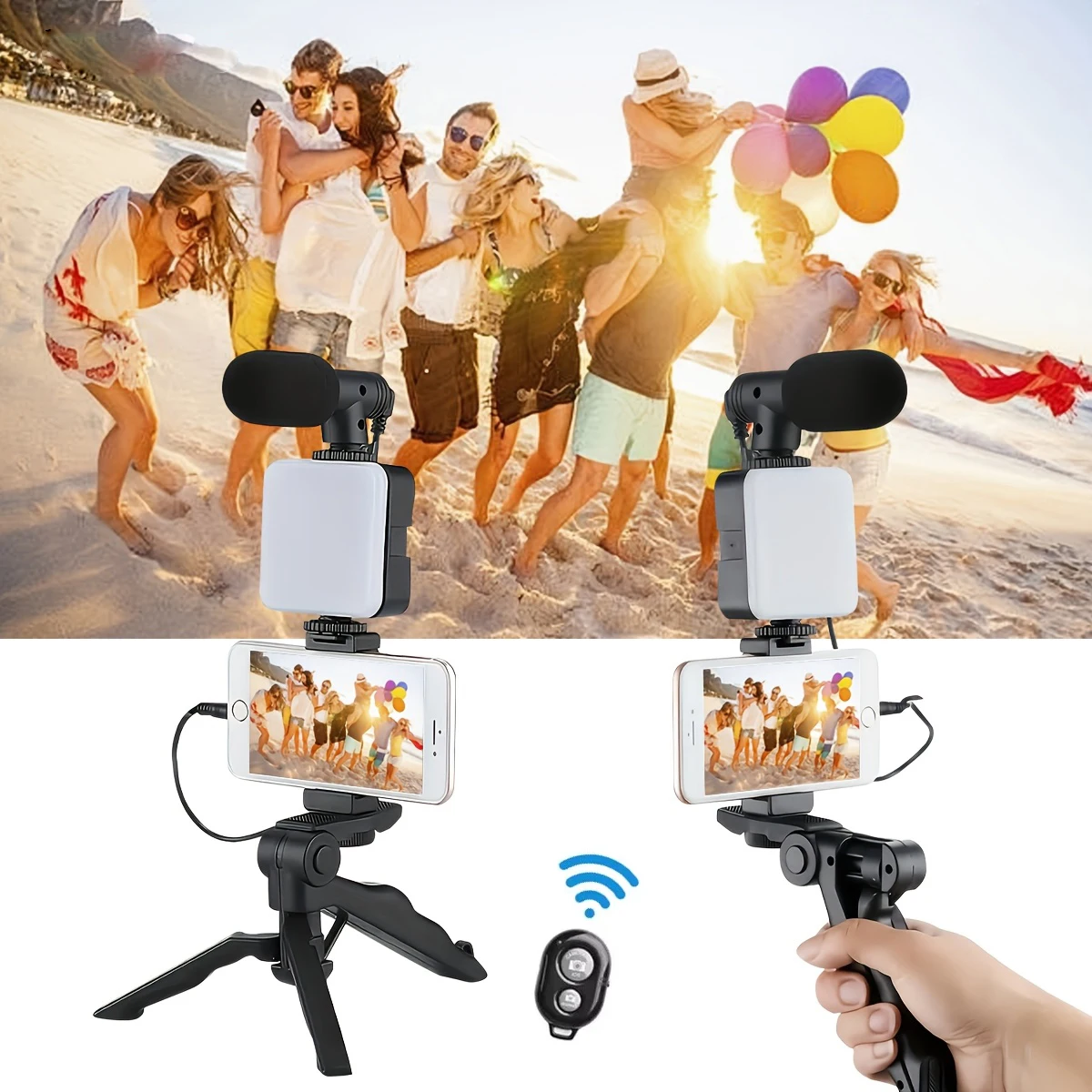 

6-in-1 Vlog Phone Video Kit LED Light Microphone Tripod Handheld Gimbal Tripod for Phone Holder Stabilizer with LED Fill Light