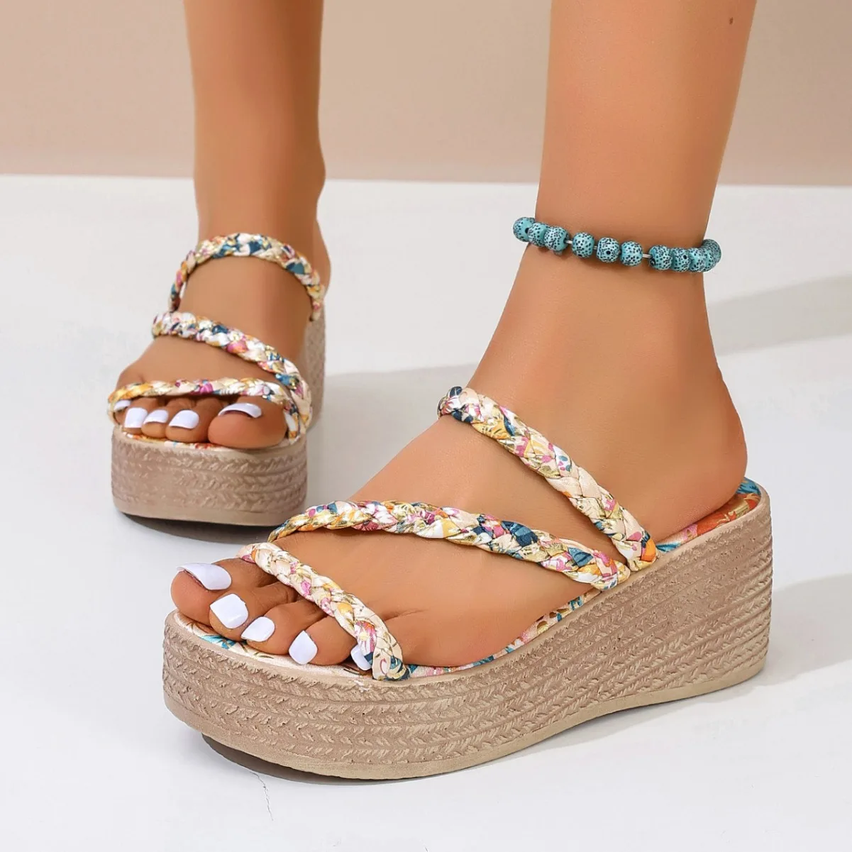 Floral Wedge Sandals Women\'s summer 2024 new Bohemian open-toe flip-flops elastic mid-heel Roman shoes sandal