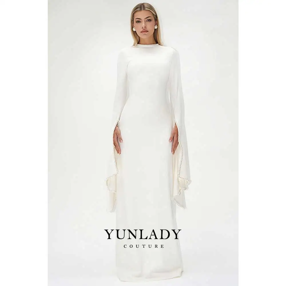 YUNLAN Elegant Pearl Pendant Smock Sleeve Evening Dress 2025 Custom Formal Round Neck Floor Length Luxury Dubai Ball Gown