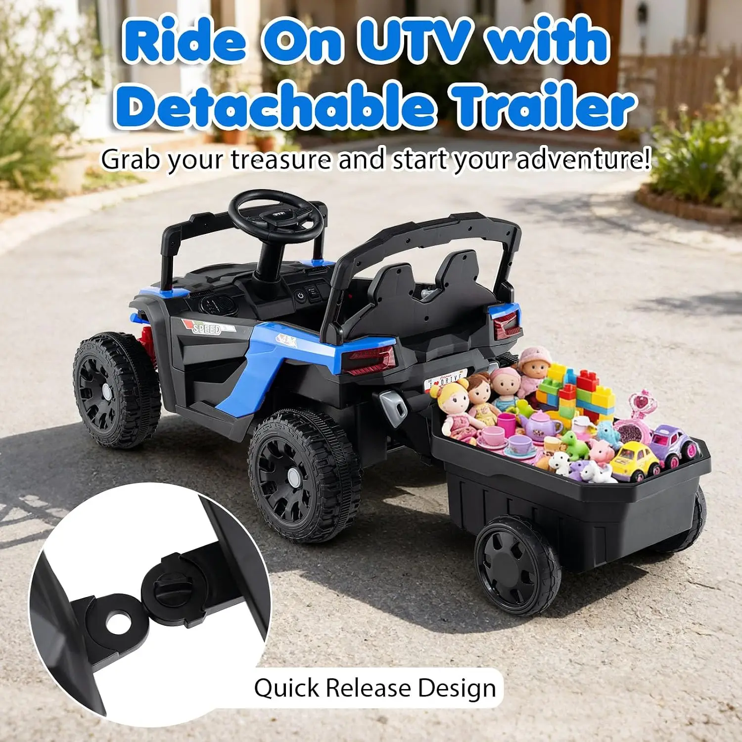 Blue 12V Battery Powered Off Road UTV Kids Ride On Car Detachable Trailer Electric Vehicle Remote Control 3 Speeds LED Lights Mu