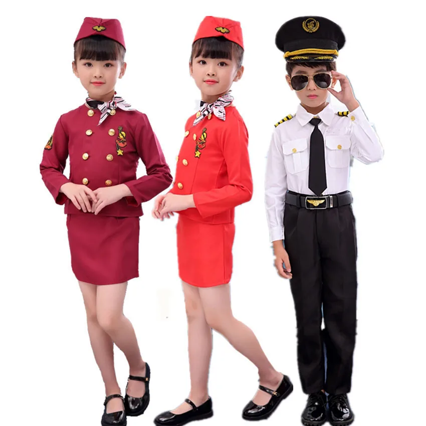 Neue Halloween Pilot Cosplay Kostüme für Kinder Jungen Geburtstag Geschenk Flight Attendant Phantasie Kleid Military Bühne Leistung Uniform