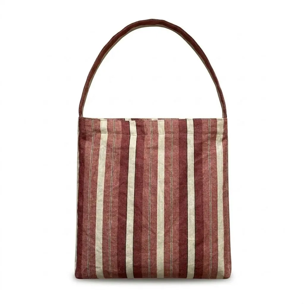 

Women's Red Brown Striped Linen Tote Bag Casual Large Capacity Shoulder Bag with Snap Button for Daily Commute Shopping Travel