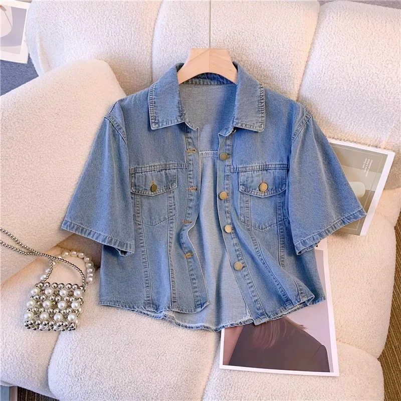 

Vintage Denim Coat Women Korean Casual Waistcoat Slim Short Sleeve Female Turn Down Collar Jeans Jacket Coat Sunscreen Cardigan