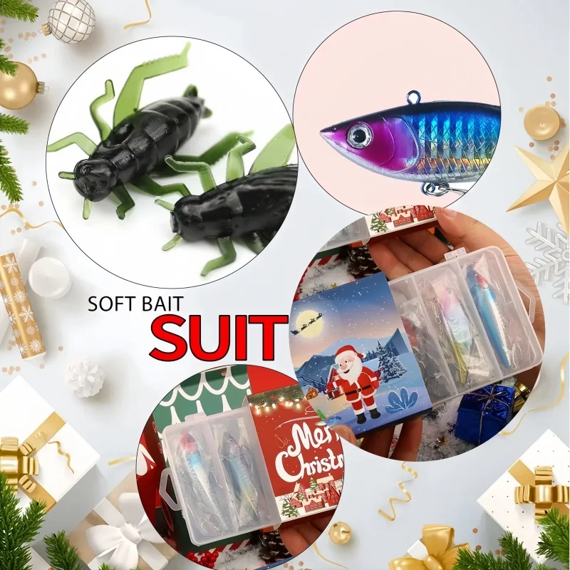 Vendita calda Natale Attrezzi da pesca Scatola cieca 24 giorni Richiamo di pesca Calendario per il conto alla rovescia di Natale Attrezzatura da pesca Regali per pescatori/famiglie