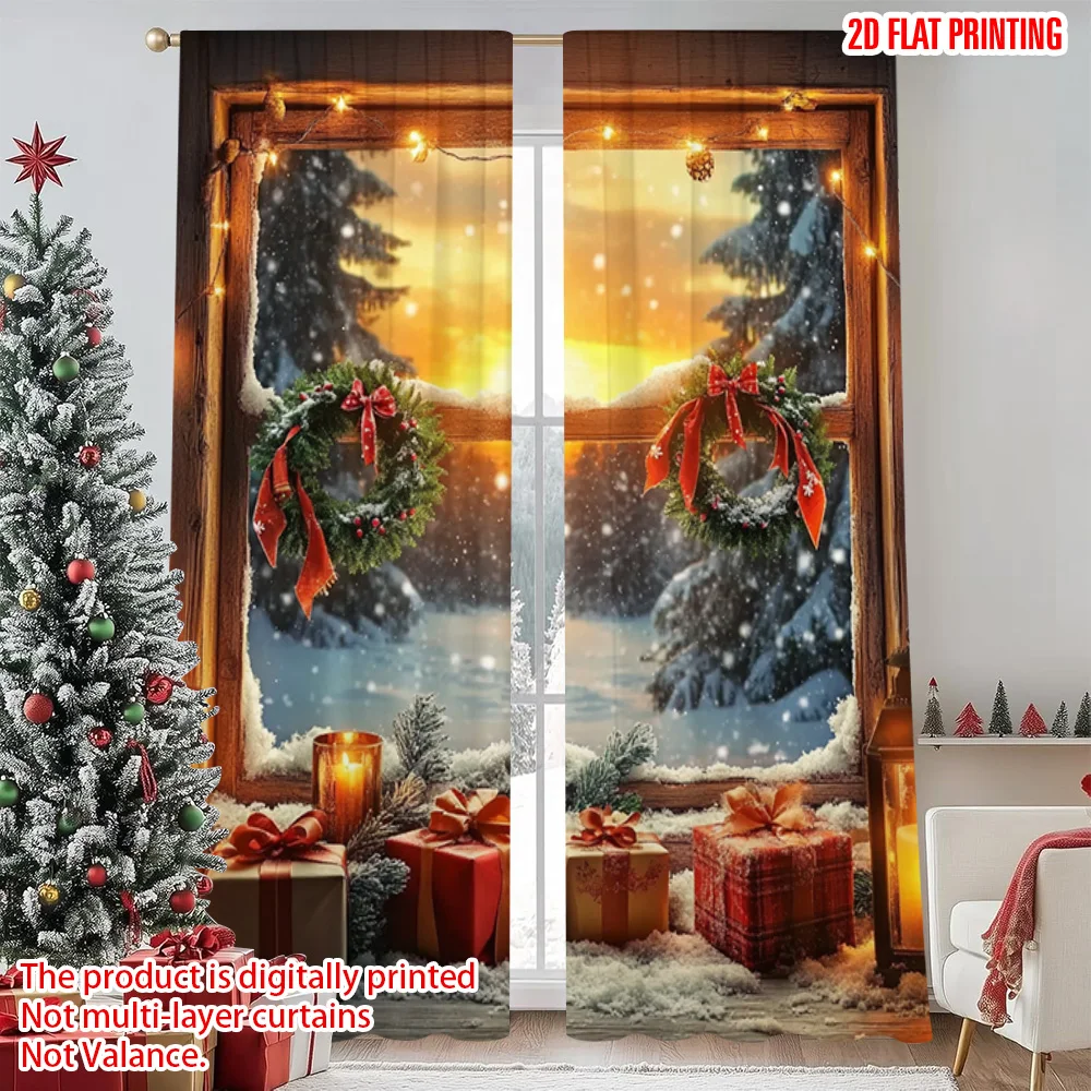 

2pcs 2D flat printing Christmas Window Drapes warm winter Machine Washable Fabric Without Electricity Festive Wall Decor Perfect