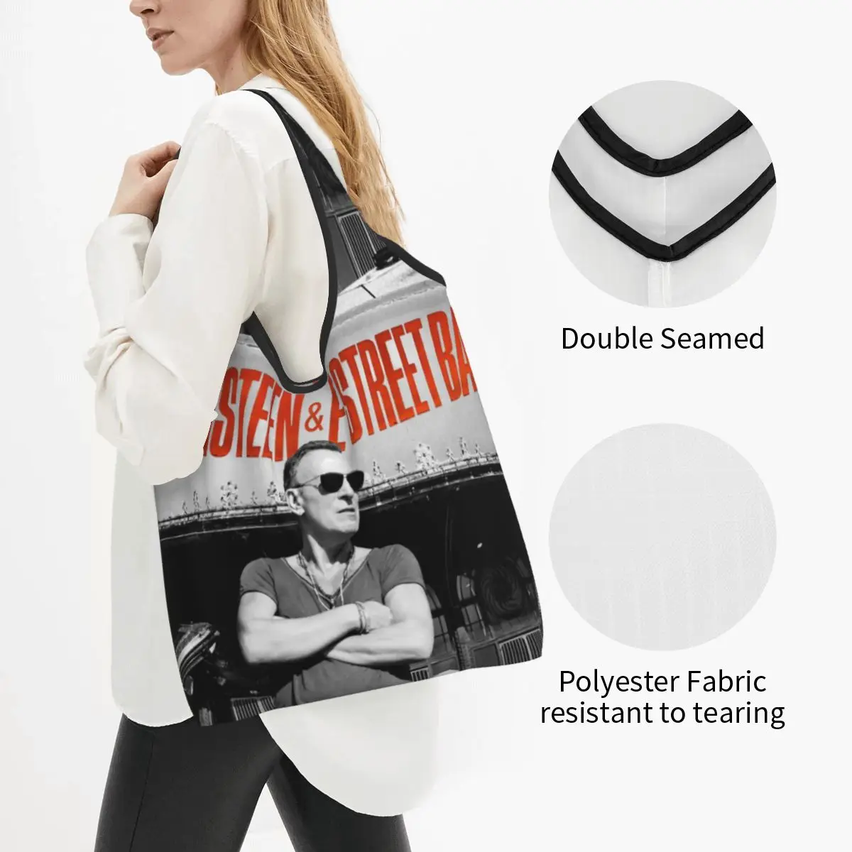 Bruce The E Street Band Springsteen Thunder Road Shopping Bag Foldable Grocery Tote Bags Large Recycling Bags Washable Handbag