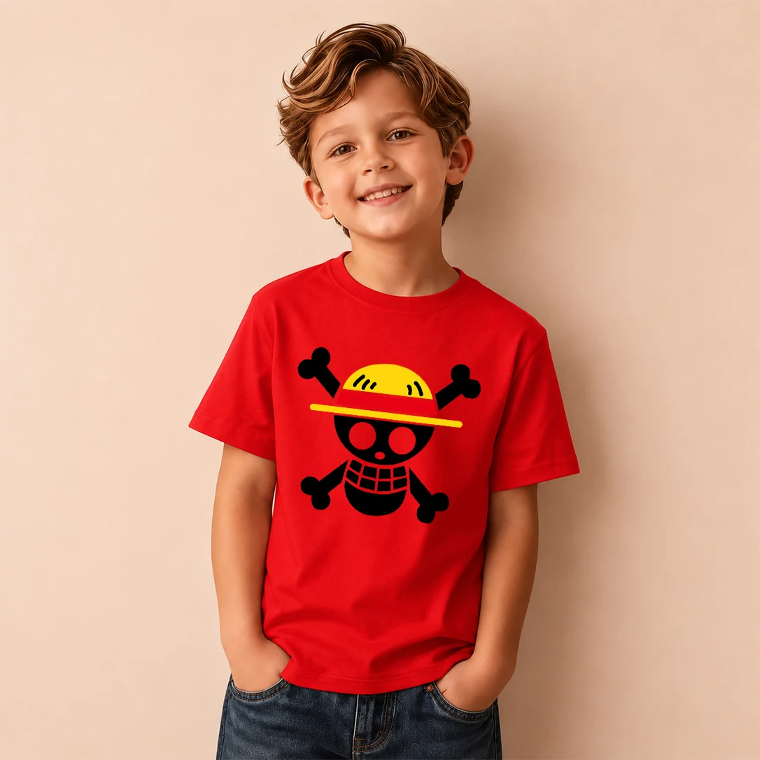 Kids T‑Shirt One Piece Monkey D Luffy Straw Hat Pirate Logo Print Short Sleeve Casual Tops Boys Girls Anime Children Daily Wear