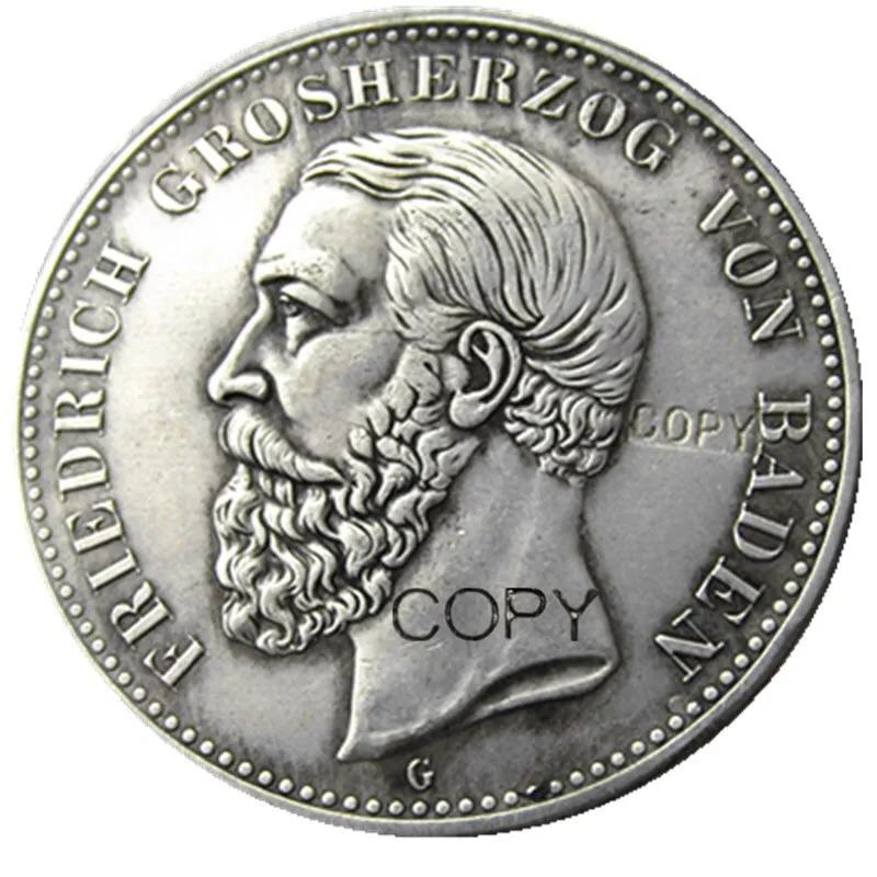 1899 GERMAN STATES BADEN - 5 mark Silver Plated Copy coin