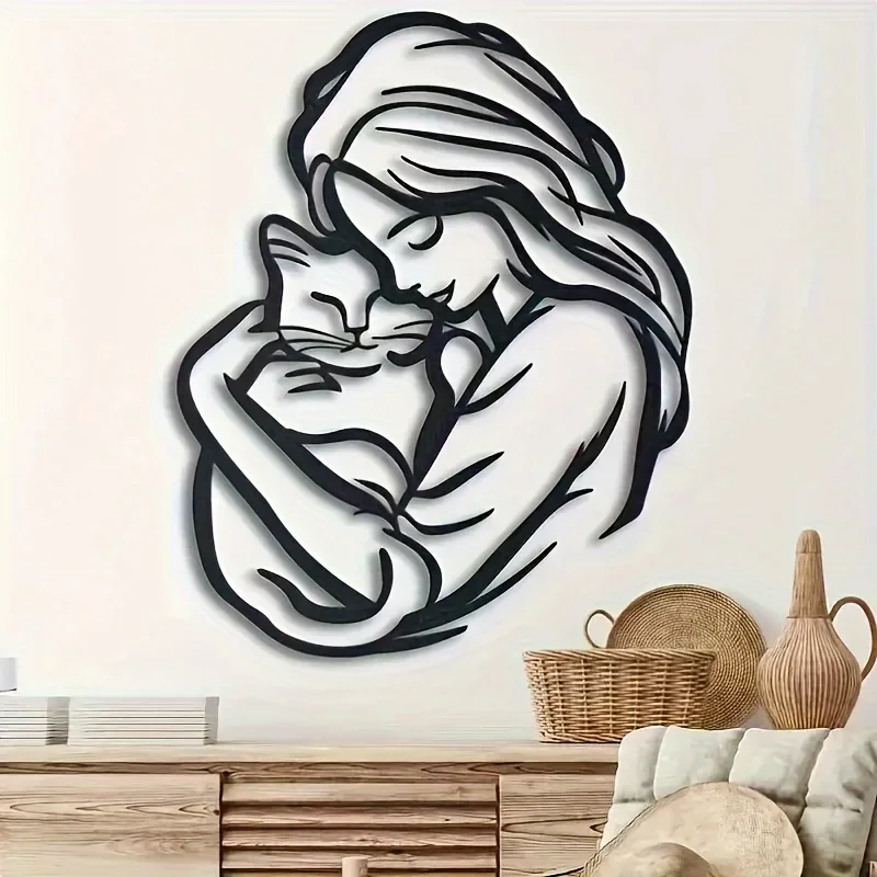1pc Charming Cat Lover's Metal Wall Art - Woman Embracing a Cat Silhouette, Perfect for Living Room, Bedroom, Home Office Decor