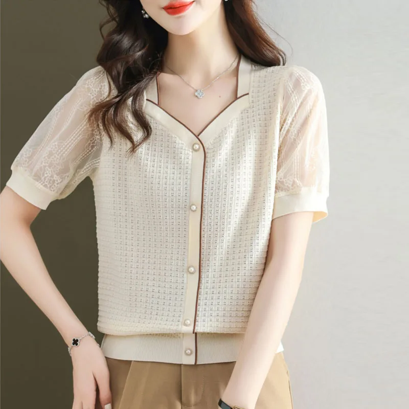 

Вязаный свитер женский, модный пуловер с коротким рукавом, кружевной V-образный вырез, черный вязаный свитер-пуловер, женские топы Q2976