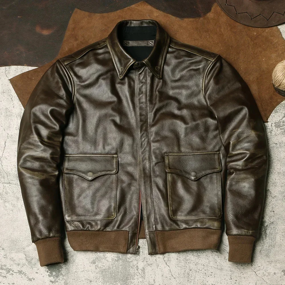 LNY SHop Best.Men quality Army green tea core cowhide A2 jacket.Classic bomber genuine leather coat.Vintage style