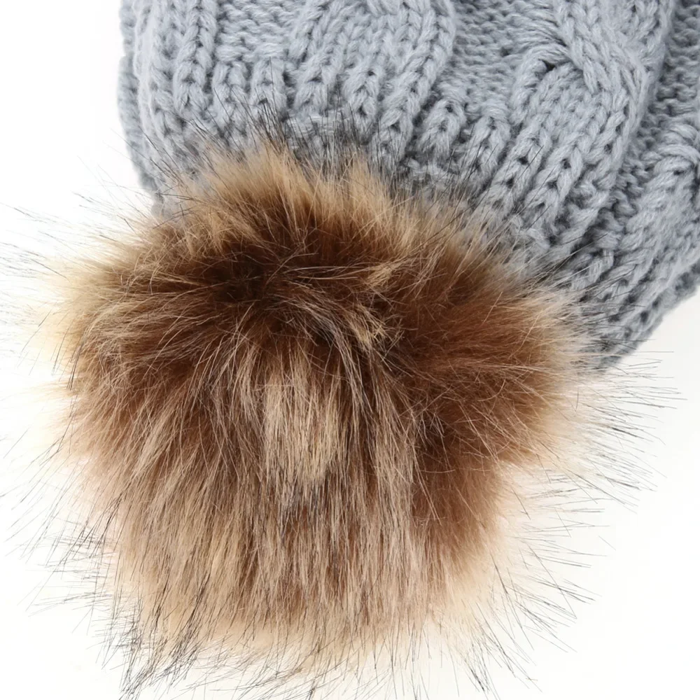 Mom And Baby Pompon Warm Hats Imitation Raccoon Fur Bobble Beanie Kids Cotton Knitted Parent-Child Hat Winter Caps