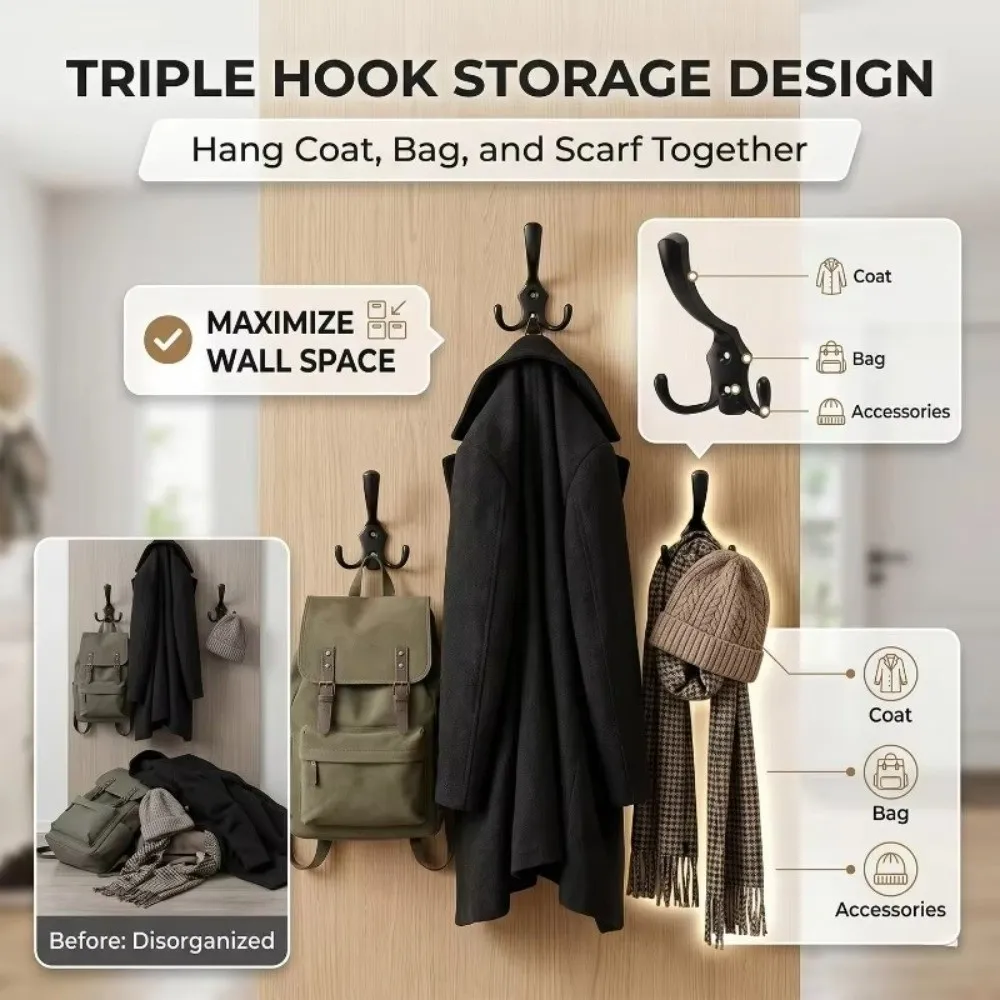 High Quality Zinc Alloy Coat Hooks Three-Prong with Screws Hat Storage Rack Wall Mounted Multi-Purpose Storage Triangular Hooks