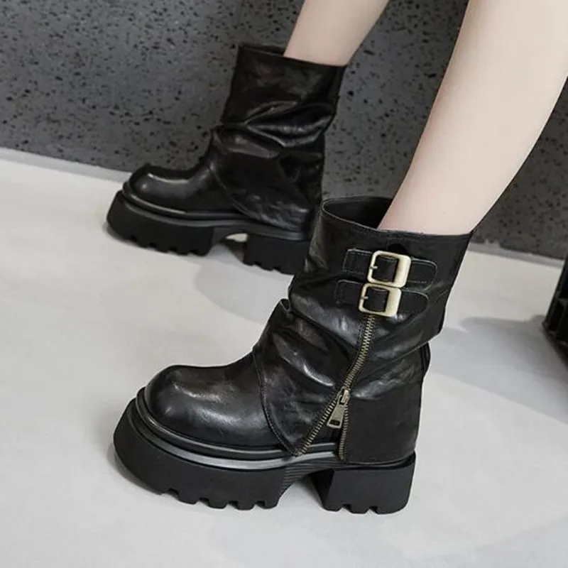 

10CM Shoes for Women High Platform Modern Boots Belt Buckle Punk Shoes 2025 Female Zip Leather Motorcycle Boots Mid-Calf Boots