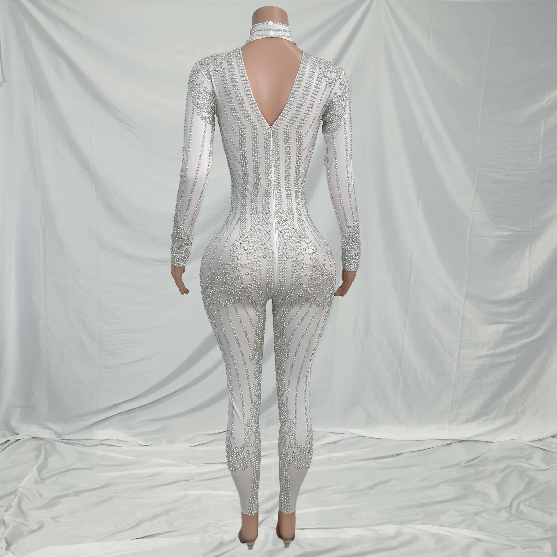 Sexy mangas compridas clube festa pérolas macacões feminino magro macacão festival roupas mostrar desempenho bodysuits dança playsuit