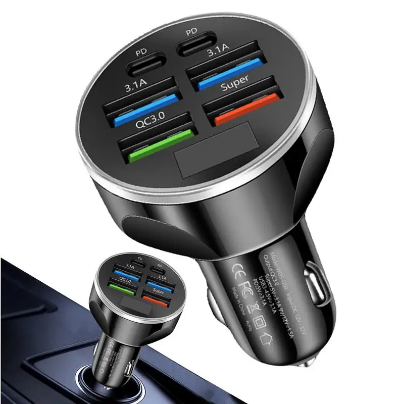 Car Charger Adapter 4 USB Ports 2 PD Ports Digital Display Car Charger Multifunctional Fast Charging Snap Lock Car Interior