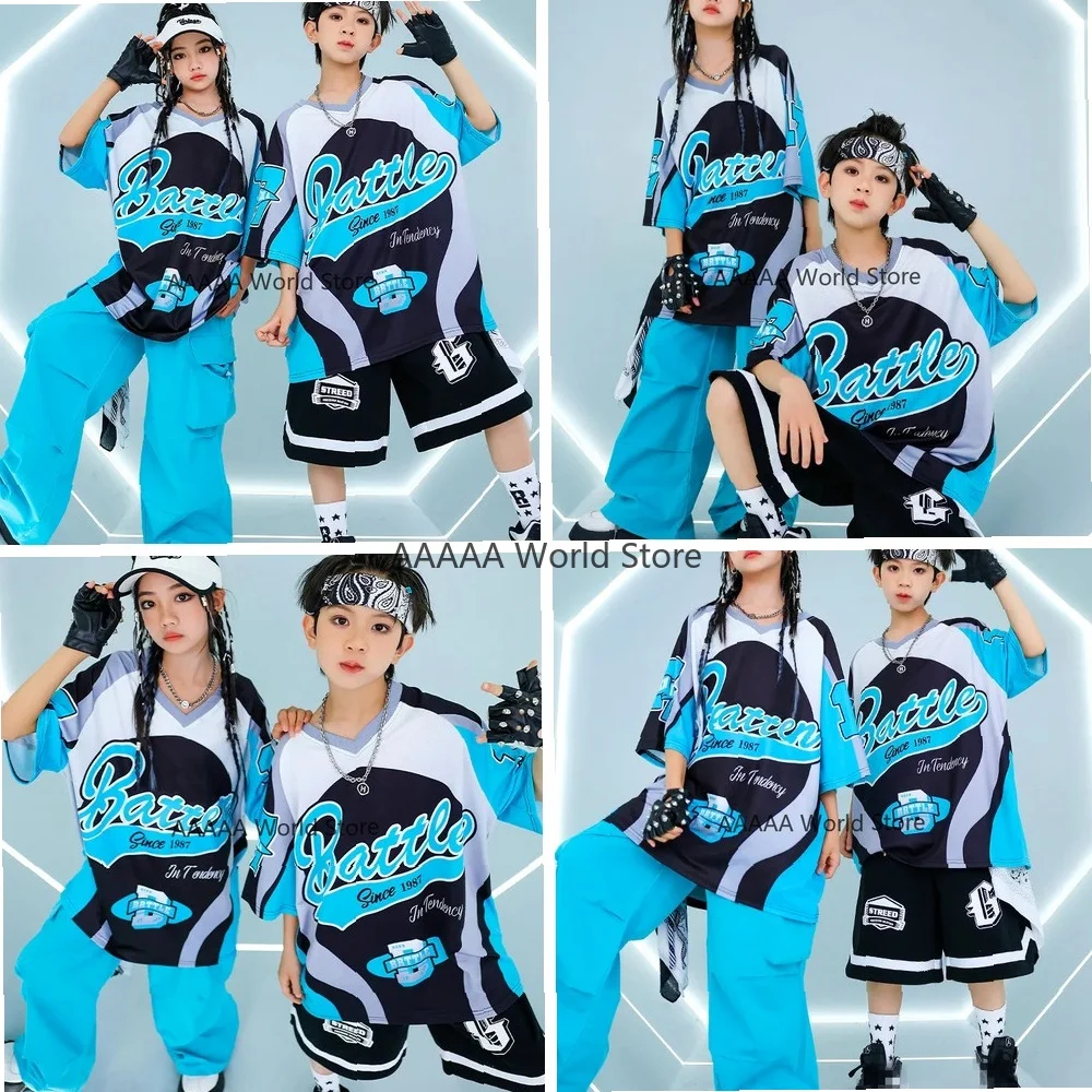 

Cosplay Hip Hop Dance Vest and Cargo Pants Set Blue Sleeveless Jacket with Pockets Ruched Casual Jazz Costume for Kids Boy Girl