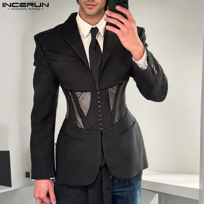 INCERUN 2024 Handsome Men\'s Clothing Stylish Patchwork Mesh Waistband Suit Coat Sexy Male Solid Color Long Sleeved Blazer S-5XL