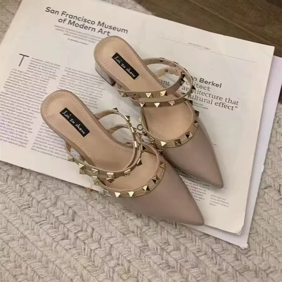 

Shoes for Women 2026 Trend Luxury Leather Slippers Outdoor Summer Platform Sandals Pointed Rivets Block Heels Casual Ladies Shoe