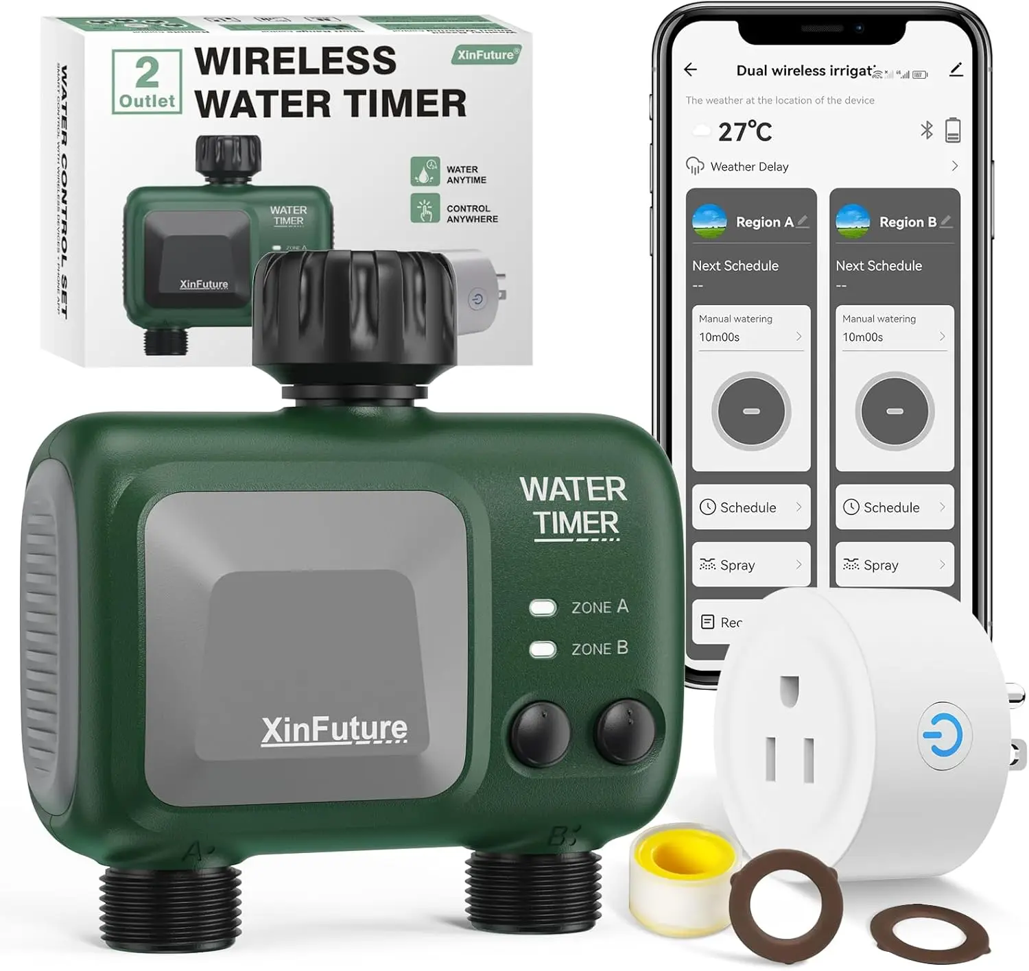 

Умный спринклерный таймер, 2-зонный со шлюзом, таймером воды Wi-Fi, задержкой дождя, приложением и голосовым управлением для садового шланга