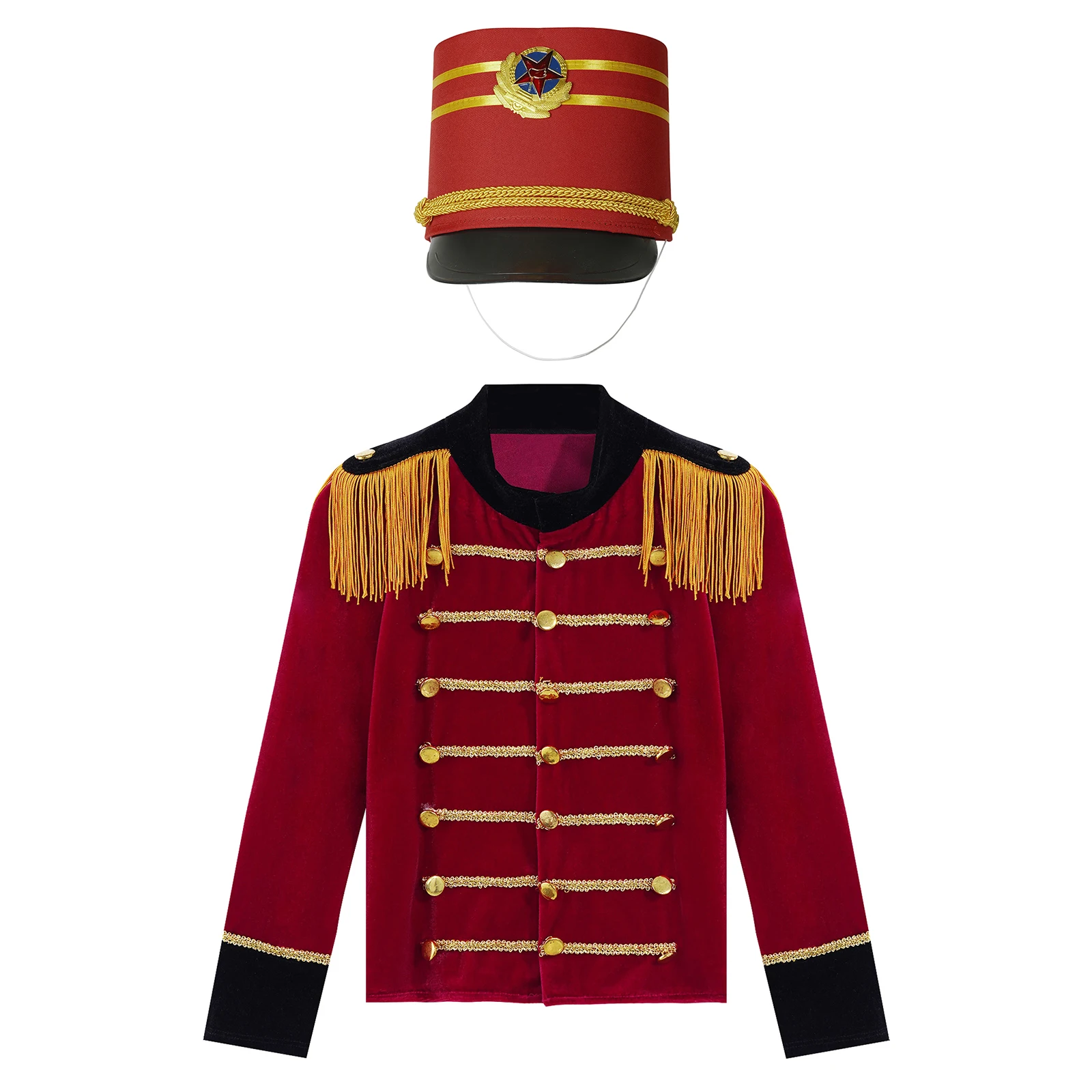 Kids Boys Circus Ringmaster Costume Tassels Braid Adorned Jacket Tops with Hat Drum Trumpet Team Honor Guard Cosplay Outfit