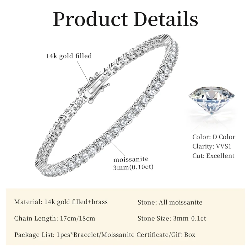Lnngy zertifiziertes 3 mm 0,1 ct Moissanit-Tennisarmband für Damen und Herren, 14 Karat Gold gefüllt, glänzender Handschmuck, Geschenk – Detail 2