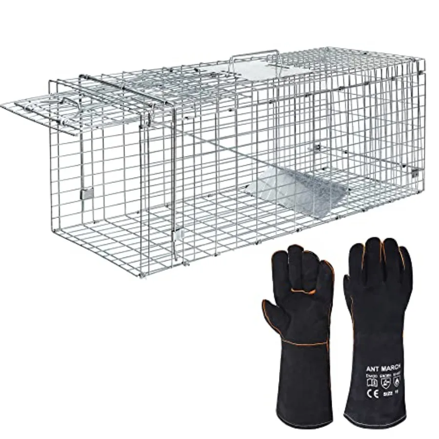 

Live Animal Cage Trap 32''x11.5''x13'' Steel Humane Release Rodent Cage with Gloves for Rabbits Stray Cat Squirrel Raccoon Mole