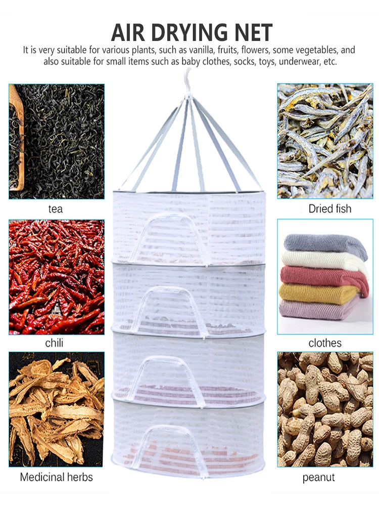 4 Layer Bra Drying Clothes Net with Zips Windproof Hook for Flowers Buds Plants Organizer Drying for Fish/Vegetables/Fruit/Herbs