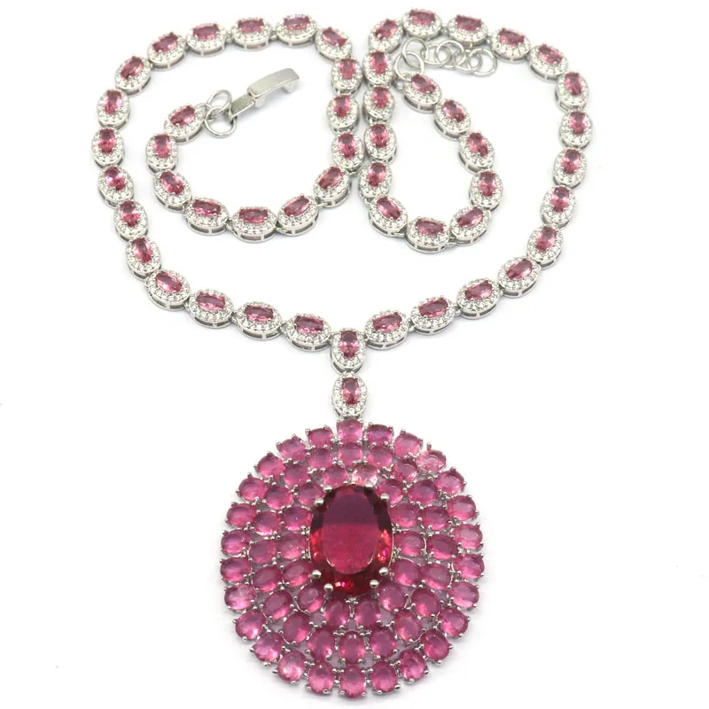 

64x42mm Highly Recommend 39.3g Big Gemstone Pink Tourmaline Swiss Blue Topaz Women Silver Necklace 18-19inch