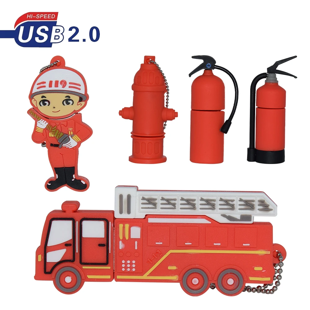 

Cartoon Fireman Extinguisher Pendrive Fire Truck 128GB Pen Drive USB Flash Drive 8GB 16GB 32GB 64GB Memories Cle USB Stick Disk