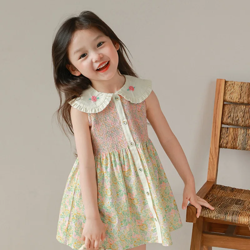 

Baby Girl Dress Girls Korean Lapel Embroidered Floral Dress 2024 Summer New Female Treasure Fashion Cute Simple Dresses