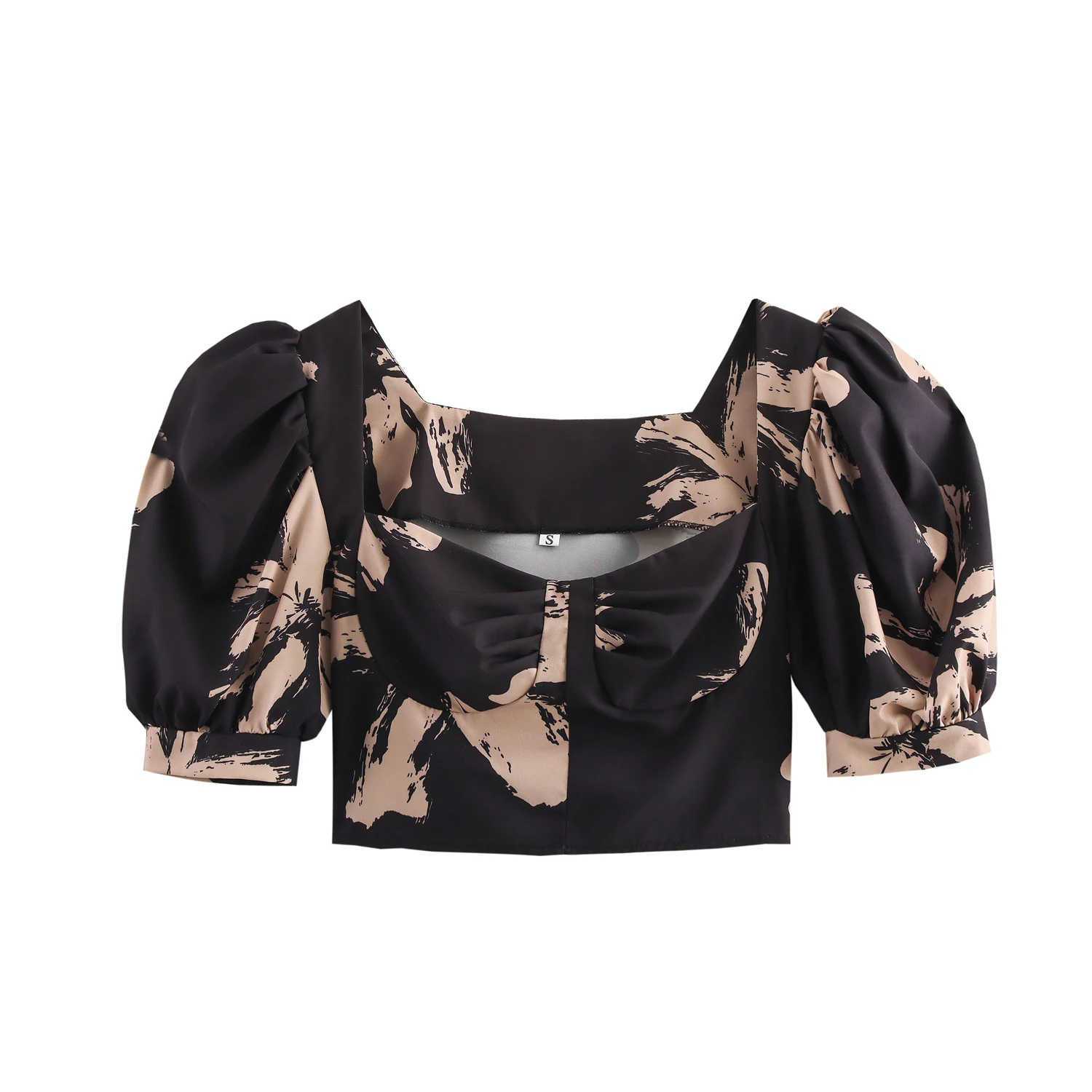 

JNLEAOG Spring New Women's Faion Design ort Printed Square Collar Bubble Sve Top Polyester Fiber Slim Fit irt