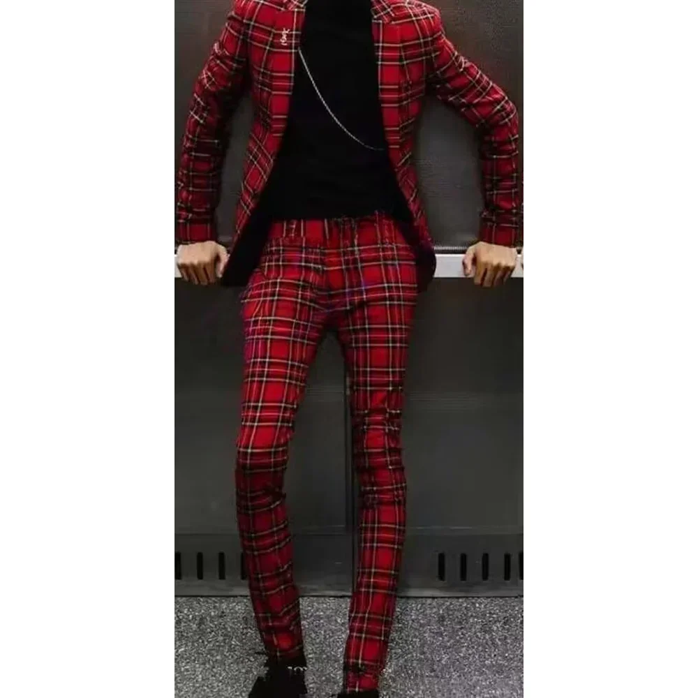 Slim Fit Male Clothing Elegant Men Suits Single Breasted Notch Lapel Red Plaid Prom Party 2 Piece Jacket Pants Male Clothing Set