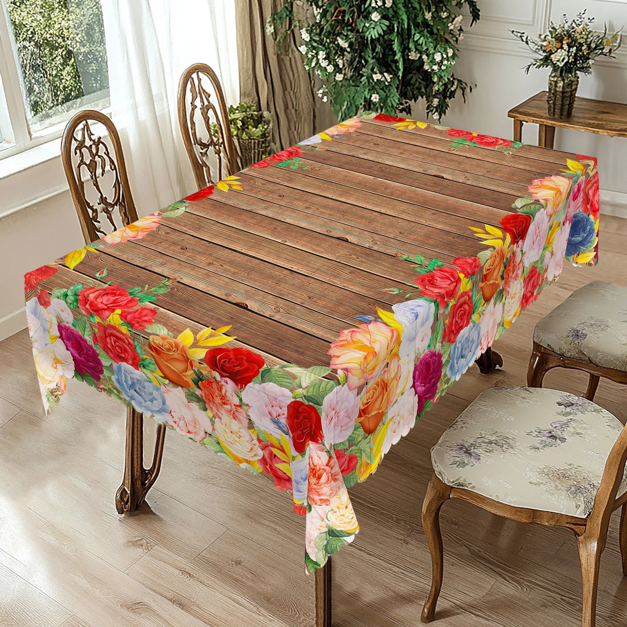 1Pc Vivid Rose Pattern Wooden Texture Tablecloth - Polyester for Spring and Summer Decoration, Weddings, Parties, Cafe, Restaurant, Indoor/Outdoor Use, Indoor and Outdoor Decoration |   Floral Tablecloth