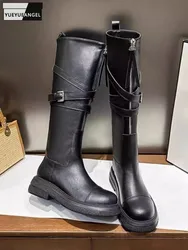 New Designer Women Buckle Cross Strap Knee High Cowhide Genuine Leather Boots Motorcycle Riding Boots Autumn Punk Style Shoes