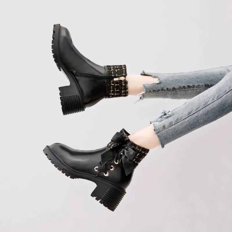 Autumn Winter Block Chunky High Heels Ankle Boots for Women Black White Buckle Zipper Woman Booties Office Lady Shoes Fashion