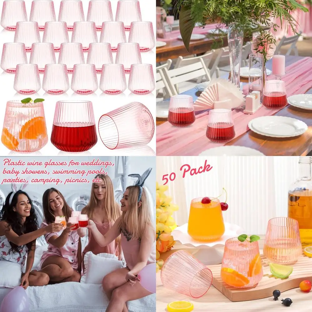 

Unbreakable 14oz Stemless Plastic Wine Glasses - Pink Ribbed Design for Outdoor and Indoor Use, Ideal for Vintage Events