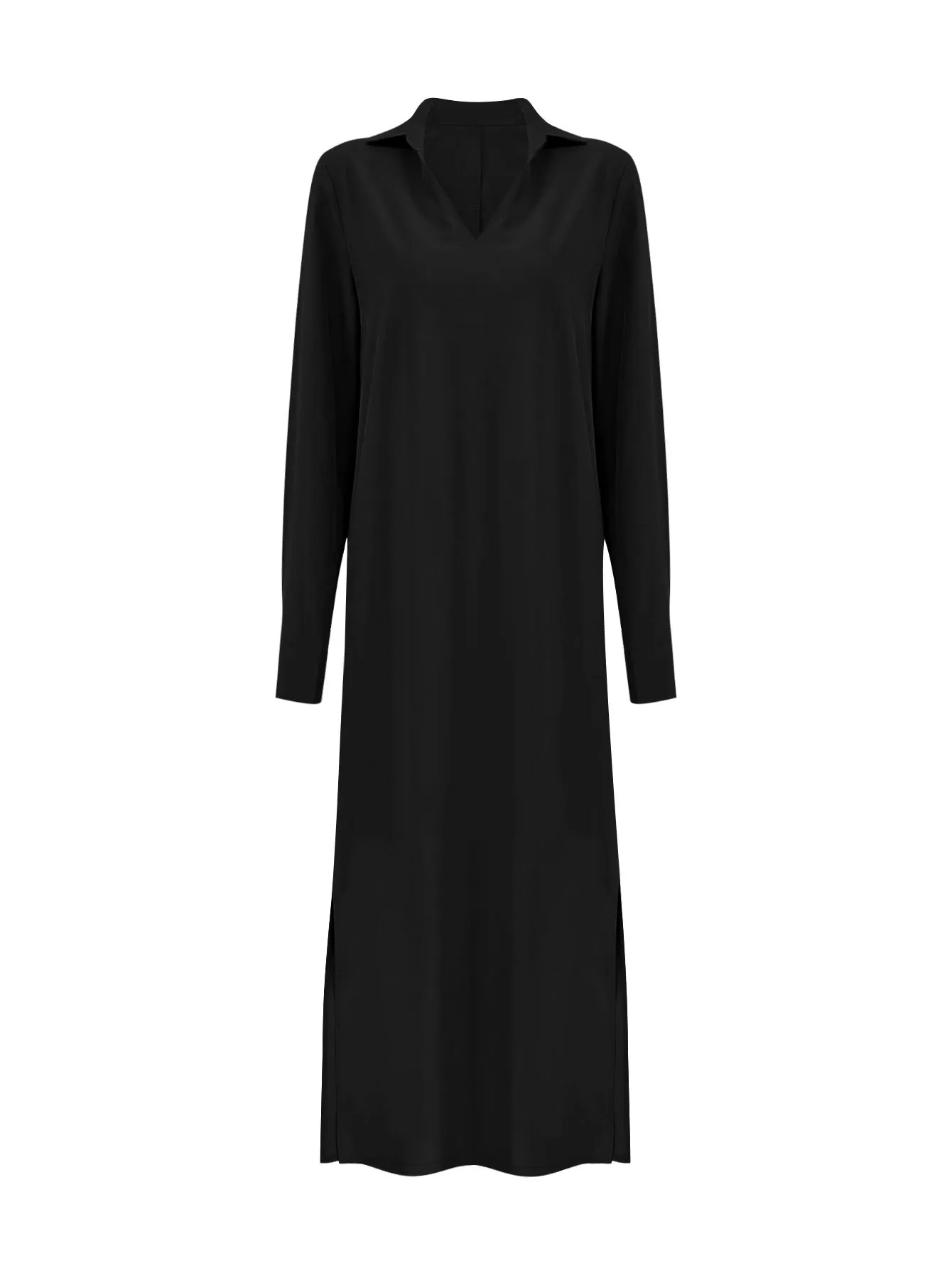 فستان ماكسي أوروبي وأمريكي عبر الحدود وبسيط وأنيق بلون سادة وياقة بولو للخريف والشتاء بأكمام طويلة على شكل حرف V #3