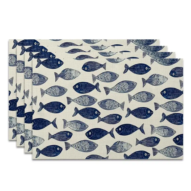 4Pcs, Blue and White Fish-Shaped Placemats, Washable, Suitable for Holiday Parties, Home Decor, Kitchen Tables, Rectangular Dining Rooms, Making Your Dining Room and Kitchen More Beautiful, a Birthday Gift and Housewarming Party Gift for Family and Friends