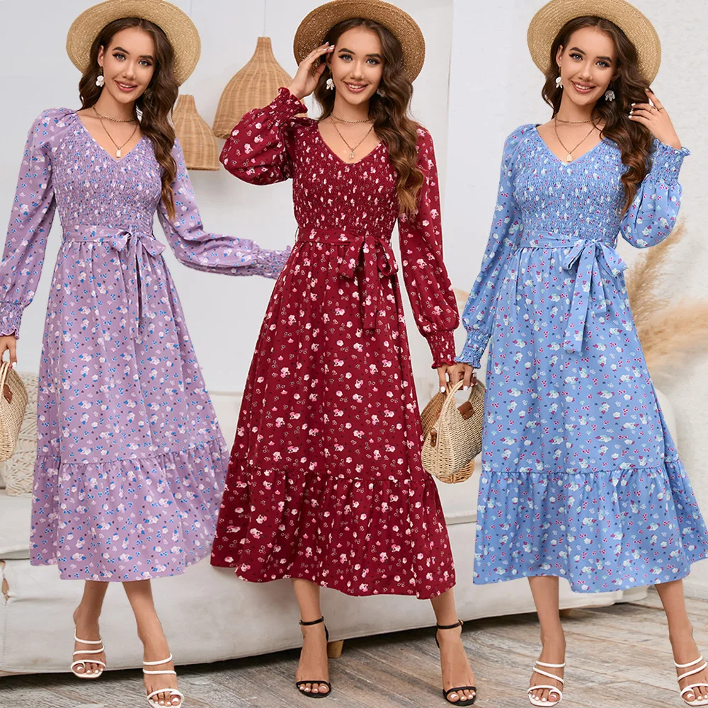 

Women Cable Slim-fit Bubble Long Sleeve V-neck Floral Dress