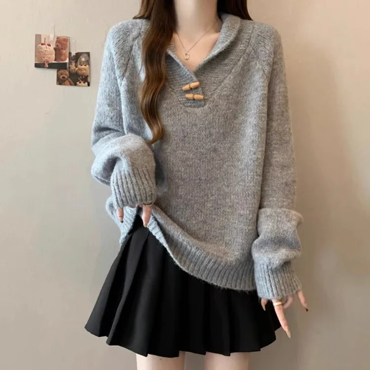 Womens Sweater Spring Autumn Korean Edition Solid Color Bull Horn Collar Loose Fashion Knitted Sweater Casual Daily Versatile