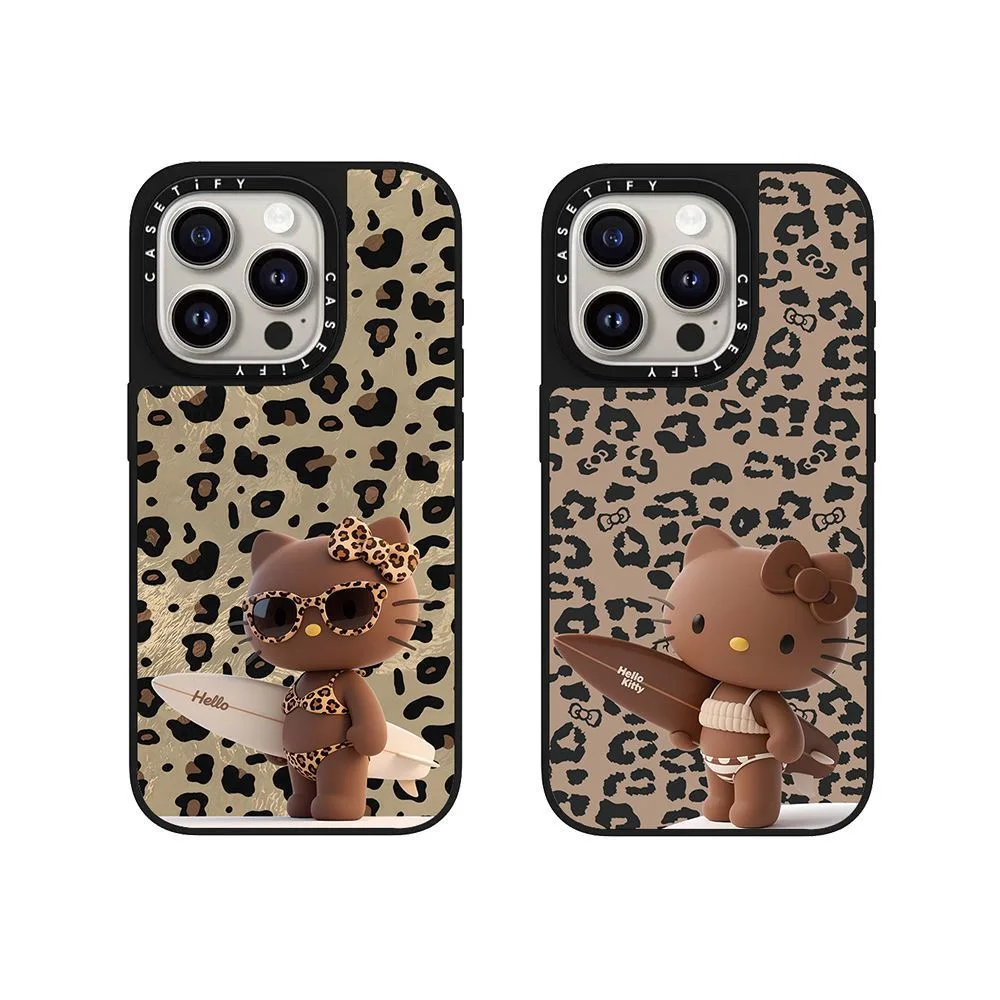 Funda para Teléfono con Espejo para iPhone 16 Pro Max de Apple, Diseño de Gatita KT con Estampado de Leopardo y Color Café