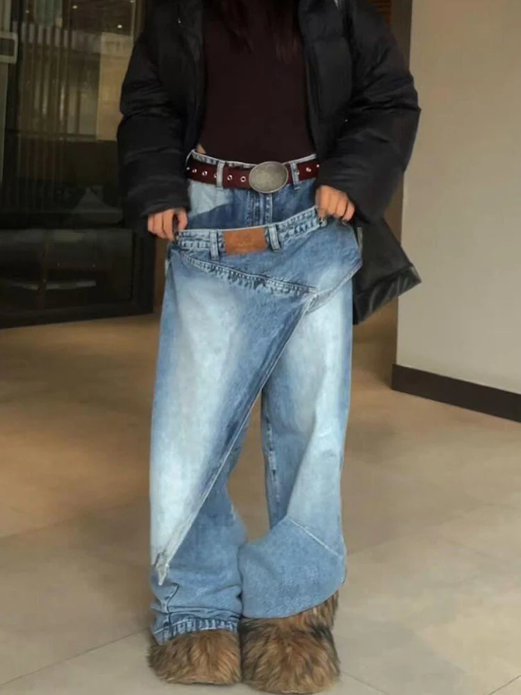 ReddaChic Women Skirt Overlay Straight Jeans Trendy Distressed Patchwork Asymmetrical Denim Wide Leg Trousers Korea Streetwear